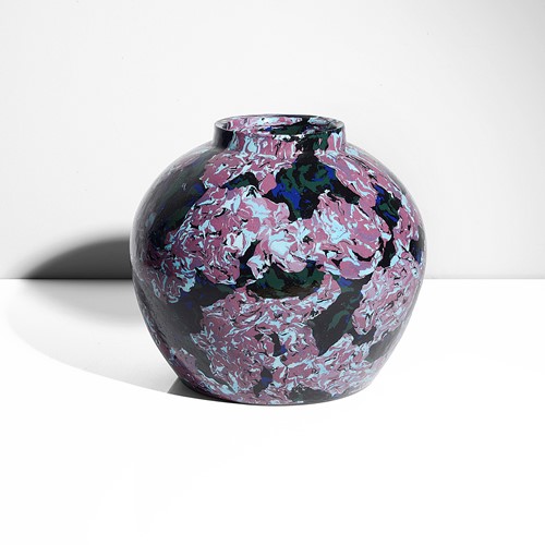 A pink, blue and black stoneware neriage vase made by Matsui Kosei sold at auction by Maak