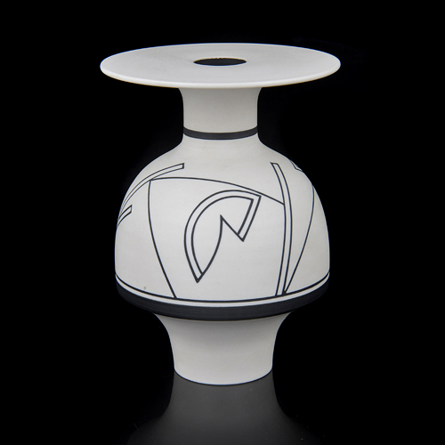 A black and white porcelain vase with disc top made by Nicholas Homoky in 1996 sold at auction by Maak Contemporary Ceramics