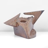 A brown stoneware bizen sculptural vessel made by Kakurezaki Ryuichi sold at auction by Maak Contemporary Ceramics