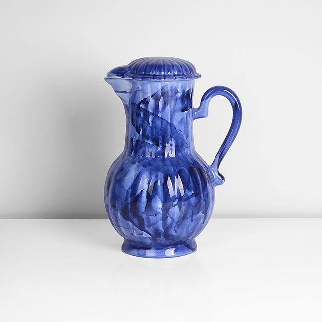 A blue slipcast earthenware 'Delft' jug made by Felicity Aylieff in 2010 sold at auction by Maak Contemporary Ceramics